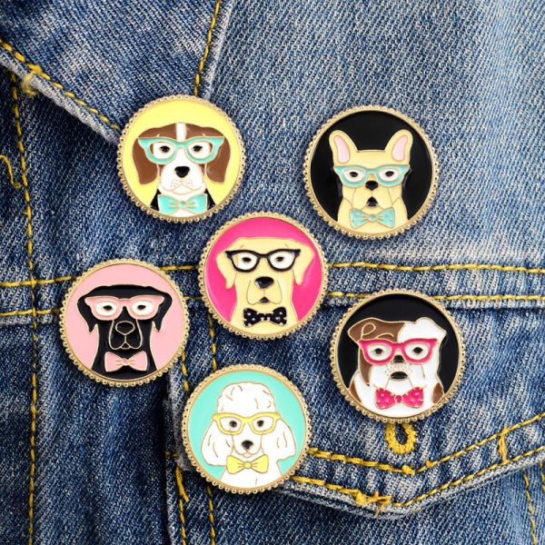 Broches de dibujos animados redondos, de Labrador, Bulldog, Golden Retriever y más