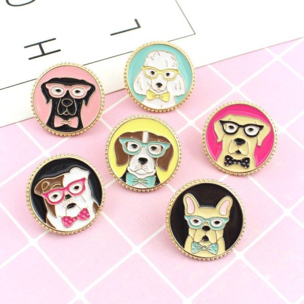 Broches de dibujos animados redondos, de Labrador, Bulldog, Golden Retriever y más