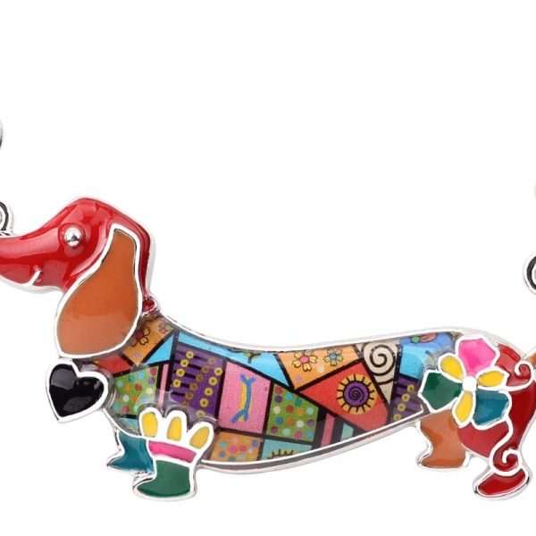 Alegre collar de perro salchicha o Dachshund, en esmalte y metal, de varios colores