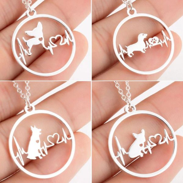 Variedad! Collares, anillos y aretes con perritos unidos a un corazón con ondas estilo electrocardiograma, y otros estilos