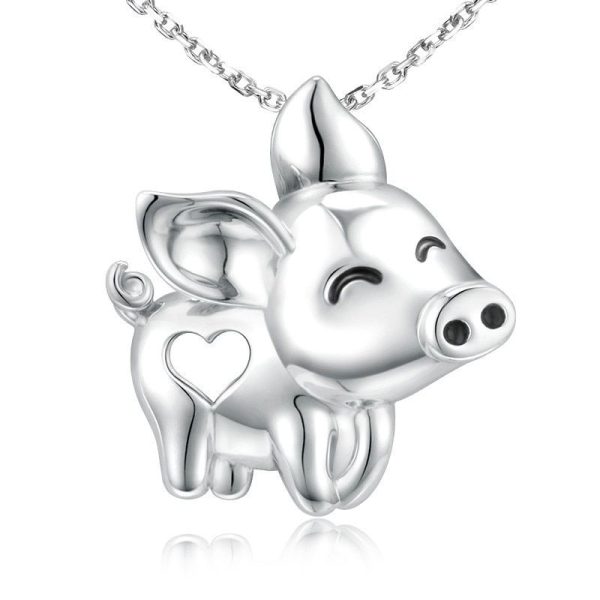 Hermoso collar de cerdito feliz con corazón, hecho en plata 925 pulida